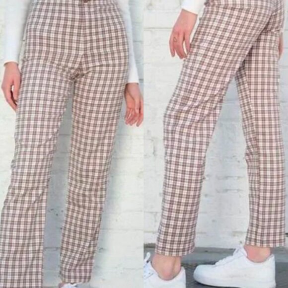 ☀️ BRANDY MELVILLE Brown Cream Plaid Pants Tilden High Rise Gingham One Size - Picture 1 of 8